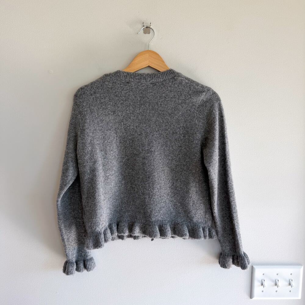 Zara Knit Button Front Crew Neck Ruffle Trim Cardigan Sweater Gray S - Picture 2 of 8